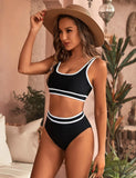 EMOSWIM - Women's High Waisted Bikini Sets Sporty Two Piece Swimsuits Color Block Cheeky High Cut Bathing Suits