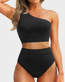 Emoswim-High-Waist One-Shoulder Bikini-Set mit Bauchkontrolle-Schwarz
