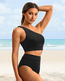 Emoswim-High-Waist One-Shoulder Bikini-Set mit Bauchkontrolle-Schwarz