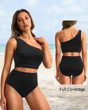 Emoswim-High-Waist One-Shoulder Bikini-Set mit Bauchkontrolle-Schwarz