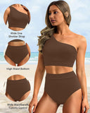 Emoswim-High-Waist Bikini-Set mit One-Shoulder-Träger und Bauchkontrolle-Kaffee