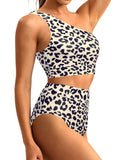 Emoswim-High-Waist One-Shoulder Bikini Set mit Bauchkontrolle-Leopard