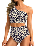 Emoswim-High-Waist One-Shoulder Bikini Set mit Bauchkontrolle-Leopard