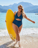Emoswim-Womens One Piece Swimsuits Push Up Tummy Control Bathing Suits V Neck Cutout Modest Swimwear