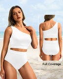 Emoswim – High-Waist One-Shoulder Bikini-Set mit Bauchkontrolle – Weiß