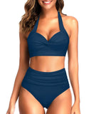 Emoswim – Zweiteiliger Neckholder-Bikini mit plissiertem Vorderteil und Push-up – Teal