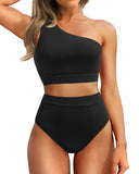 Emoswim - One-Shoulder-Bikini-Sets mit hoher Taille, zweiteiliger Badeanzug, Bauchkontrolle – Pink