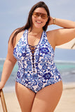 Emoswim-Porcelain Blue Lace Up Open Back One Piece Swimsuit DGPS1505