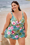 Emoswim – Rosafarbener Blumendruck & Grüne Palmen V-Ausschnitt Cutout Tankini DGPS1517