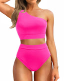 Emoswim - One-Shoulder-Bikini-Sets mit hoher Taille, zweiteiliger Badeanzug, Bauchkontrolle – Pink