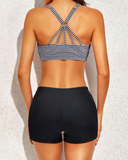 Emoswim – Damen 3-teiliger Tankini mit Schaufelhals und Kreuzrückendesign – Army Green Streifen