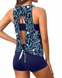 Emoswim - Damen 3-teiliger Tankini mit U-Ausschnitt, überkreuzten Trägern - Marineblau Reben