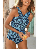 Emoswim - geraffter Badeanzug mit Blattmuster und tiefem Ausschnitt – Marineblau Blattmuster