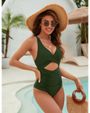 Emoswim – Damen Einteiler Push Up Bauchkontrolle Badeanzüge V-Ausschnitt Cutout Dezente Bademode – Grün