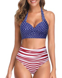 Emoswim – Retro-Neckholder-Bikini mit gerafftem, hochtailliertem Vintage-Unterteil – Flaggenmuster