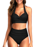 Emoswim - Women Two Piece Vintage Swimsuit Halter Ruched High Waist Bikini-Black