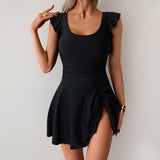Emoswim – Damen Einteiler Badekleid Bauchkontrolle Badeanzug Figurformende Rüsche Seitlicher Krawatten-Badeanzug