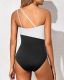 Emoswim - One Shoulder One Piece Swimsuit for Women Tummy Control Bathing Suits-White Black