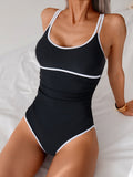 Emoswim-Damen Bauchweg-Badeanzug, Color Block, Einteiler, Schlankmachend, Doppelträger-Bademode, High-Cut-Badeanzug