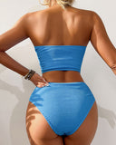 Emoswim-Women Bandeau High Waisted Bikini Sets Smocked Swimsuit Strapless Two Piece Bathing Suit Swimwear Beachwear