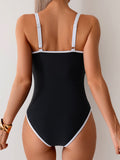 Emoswim-Damen Bauchweg-Badeanzug, Color Block, Einteiler, Schlankmachend, Doppelträger-Bademode, High-Cut-Badeanzug