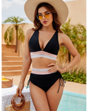 Emoswim - High Waisted Tummy Control Color Block Bikini Sets-Black