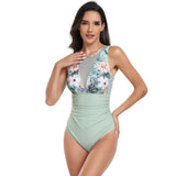 Emoswim-Womens One Piece Swimsuits Tummy Control Slimming Bikini Sets V Neck Printing Mesh Sheer Bathing Suit