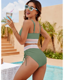 Emoswim – Hochtaillierte Bikini-Sets mit Bauchkontrolle und Farbblock – Grün