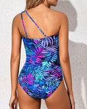 Emoswim - One Shoulder One Piece Swimsuit for Women Tummy Control Bathing Suits-Purple Leaves