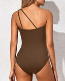 Emoswim - Einteiliger Badeanzug für Damen mit einer Schulter und Bauchkontrolle – Kaffee