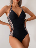 Emoswim-Women One Piece Swimsuit Leopard Splicing Halter V Neck Sexy Tummy Control Push Up Swimwear Back Tie Bathing Suit