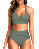 Emoswim – Trendiger High-Waist-Badeanzug, Zweiteiliger Neckholder-Bikini für Damen – Armeegrün