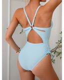 Emoswim – Damen Einteiler Badeanzüge Bauchkontrolle Sommer Strand Badeanzug für Damen Uni V-Ausschnitt Rücken O-Ring Bademode – Himmelblau