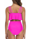 Emoswim - Sexy High Waisted Two Piece Women Ruffled Flounce Bikini Swimsuit-Pink