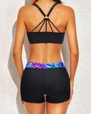 Emoswim - Damen 3-teiliger Tankini mit U-Boot-Ausschnitt und Kreuzträgern - Blau Lila Blätter