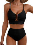 Emoswim – Hochgeschnittenes Bikini-Set mit Bauchkontrolle, strukturiertem U-Bügel und Cut-Out, Bademode HWTC2301-Schwarz