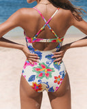 Emoswims - Beach Floral Colorblock Print Low-cut Slim One Piece Tummy control Swimsuit-Blue