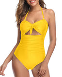 Emoswim - Schicker, hoch taillierter Neckholder-Badeanzug mit Knoten vorne und Cut-Outs – Neongelb