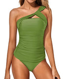 Emoswim - Damen zweiteiliger asymmetrischer Tankini One-Shoulder-Top & Shorts - Hellgelbgrün