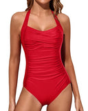 Emoswim - geraffte Badeanzüge Neckholder Vintage Bademode - Rot