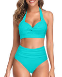 Emoswim - Damen Push Up Wattierter Neckholder High Waist High Leg Bikini-Badeanzug-Aqua