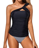 Emoswim - Schmeichelnde Zweiteilige Tankini-Badeanzüge mit One-Shoulder-Oberteil und Shorts-Badeanzüge – Schwarz gestreift