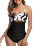 Emoswim - Hochgeschnittener Neckholder Retro High Waist Badeanzug - Schwarz-Weiß gestreift