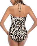 Emoswim - Feminine Cutout High Waisted Halter Front Tie Knot One Piece Cutout Swimsuits-Leopard