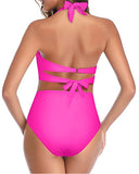 Emoswim - High Waisted Pleated Front Panel Women's Bikini Swimsuits-Neon Pink