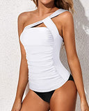 Emoswim - Damen Tankini One Shoulder Oberteil & Slim Fit Shorts-Weiß