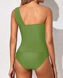 Emoswim - Damen zweiteiliger asymmetrischer Tankini One-Shoulder-Top & Shorts - Hellgelbgrün