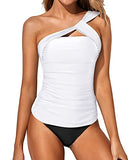 Emoswim - Damen Tankini One Shoulder Oberteil & Slim Fit Shorts-Weiß