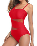 Emoswim - Tummy Control Mesh One Piece Swimsuit For Curvy Women-Red