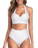 Emoswim - Two Piece Halter Ruched Highwaist Bikini Adjustable Straps Bathing Suit-White